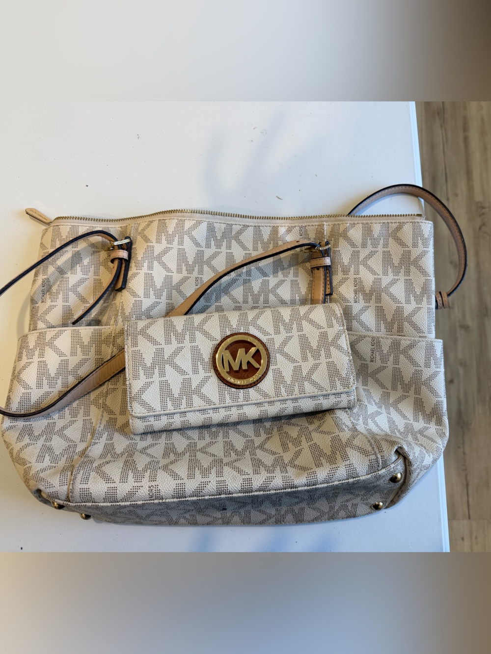 Michael Kors Cream Beige MK Logo Shoulder Bag with Matching Wallet